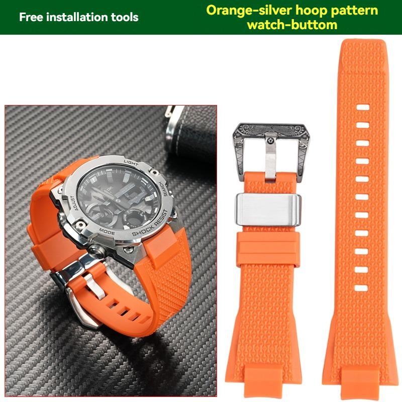 for Casio GST-B400 Series Rubber Waterproof Sports Strap Steel Heart Upgraded Steel Ring Pattern Buckle Strap