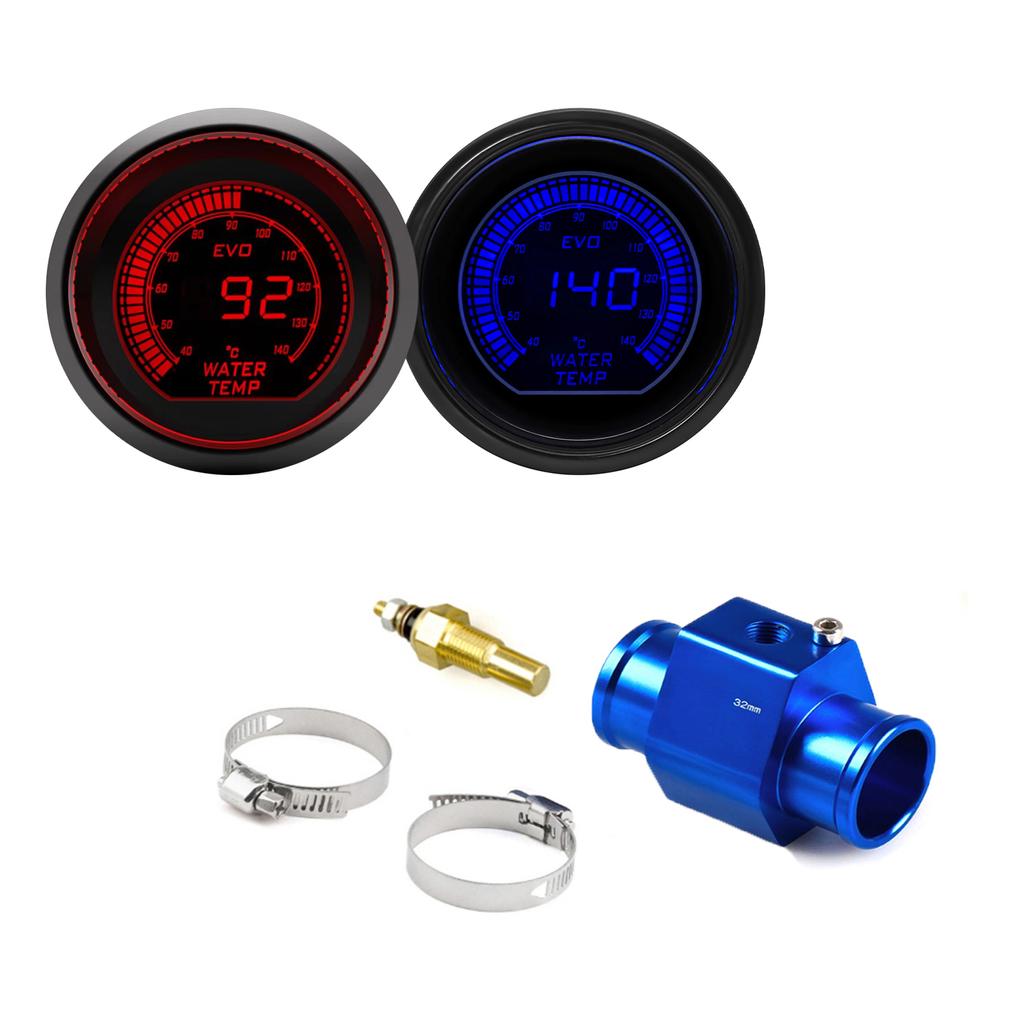 52mm Auto Wassertemperaturanzeige LCD 40~140 ℃ Rote Blaue Hintergrundbeleuchtung Mit Wassertemperatursensor Wassertemperatur-Verbindungsrohr Sensoradapter