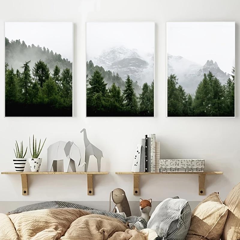 3 adet Çerçevesiz Yeşil Orman Duvar Sanatı Manzara Tuval Boyama Doğa Modern Minimalist Puslu Posteri Ev Dekor