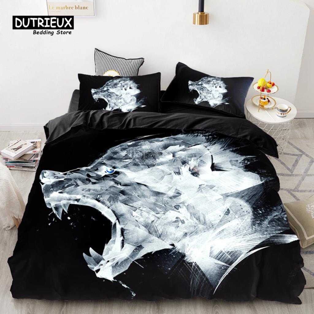 3D Wolf Space Duvet Cover Tiger Lion Animal Pattern Bedding Set Light And Dark Meet Wolf Moon Comforter Cover With Pillowcases