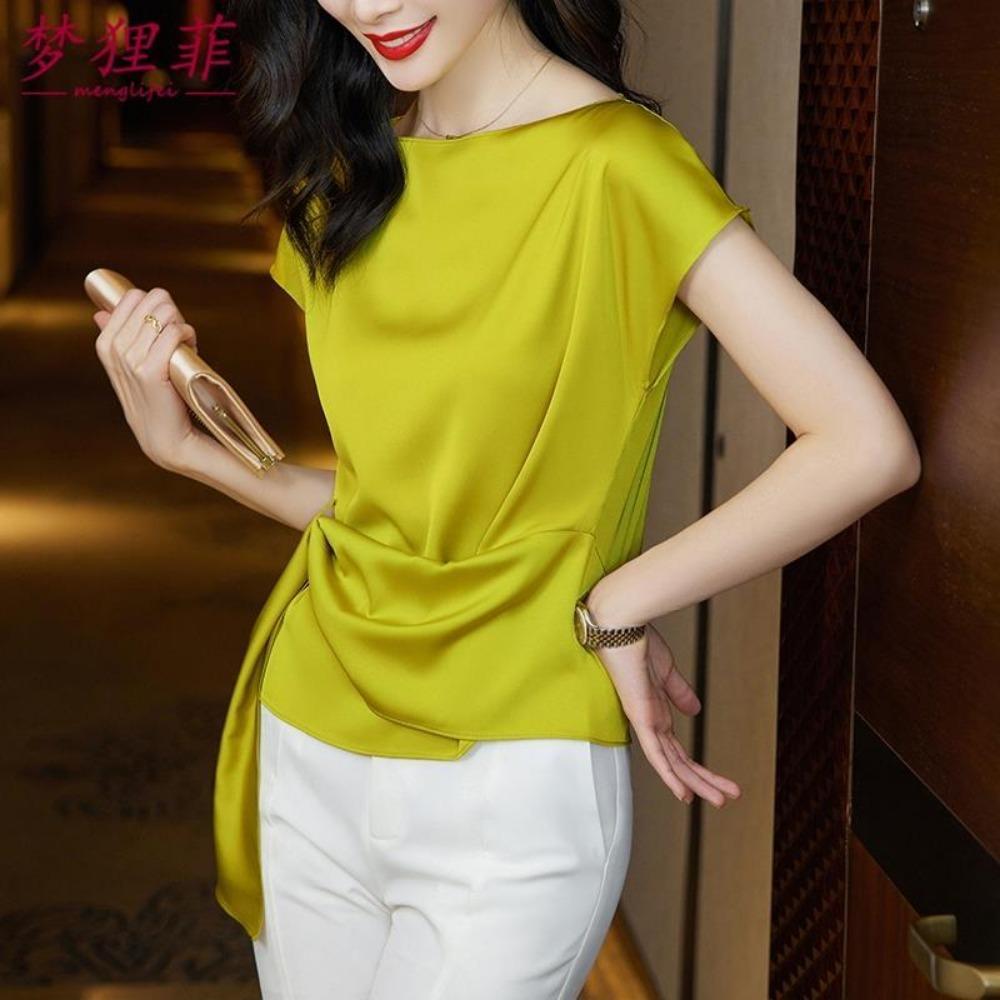 High-end Short Sleeved Blouse for Women Summer Chiffon Satin Top Elegant Stylish Shirt for the Summer