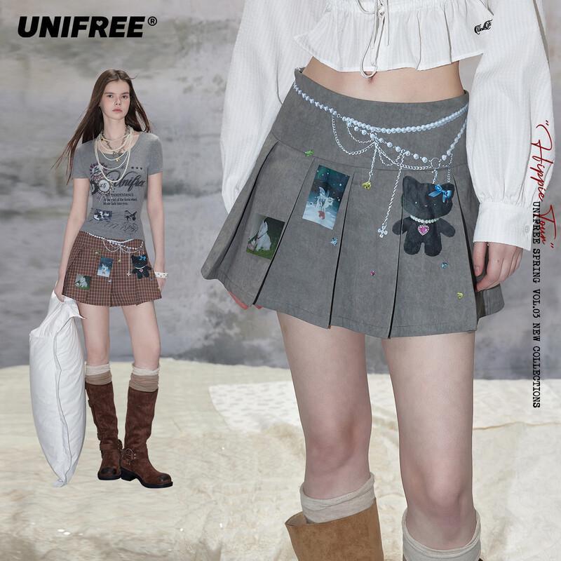 UNIFREE 2026 Spring Sweet-Cool Cartoon Print Pleated Mini Skirt L