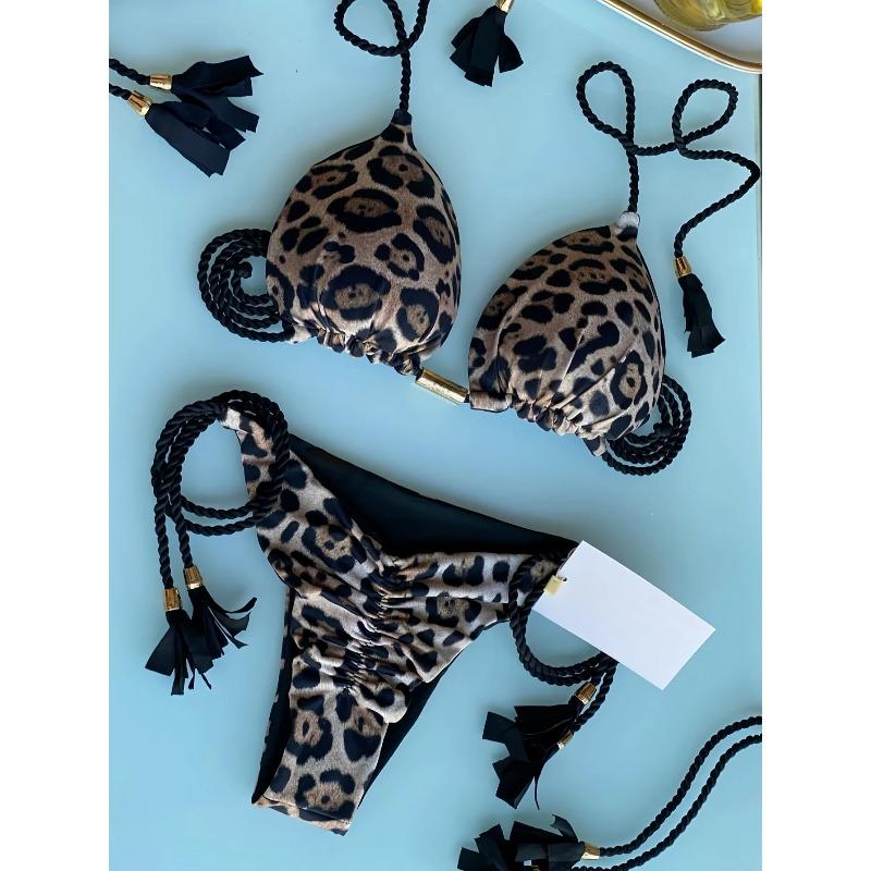 2026 Sexy leopardí vzor Plavky Dámská dvoudílná bikiny sada Tkaný popruh s lanem Třásně Plážové dámské dvoudílné plavky