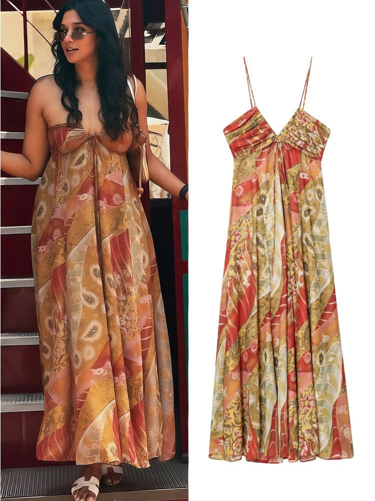 

2025 Summer Women s European & American V-neck Floral Pleated High-Waist Spaghetti Strap Dress Medium помаранчевий/червоний