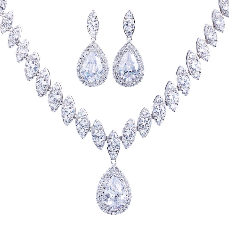 Korean Bridal Set: Eco-friendly Copper Necklace & Zircon Earrings for Weddings