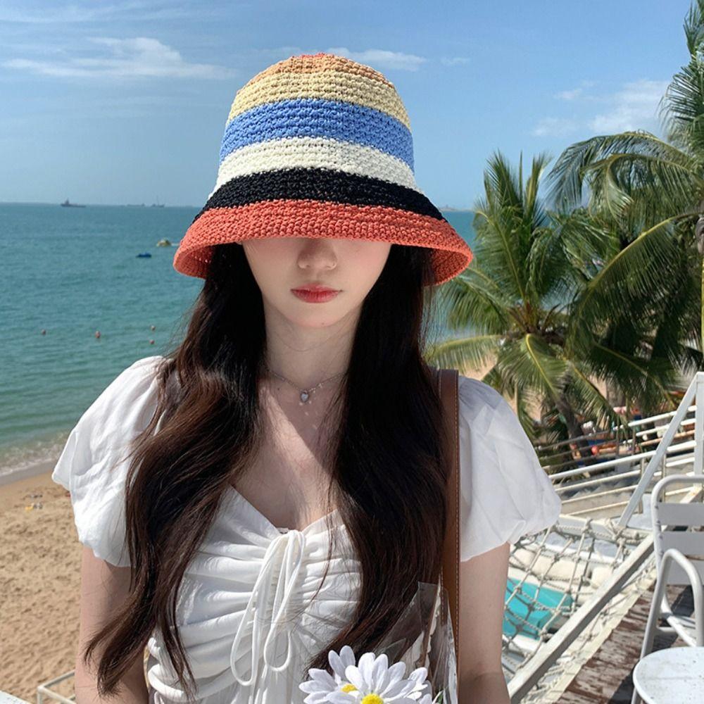 Stripe Sunscreen Bucket Hat Weave Beach Fisherman Hat Sweet Rainbow Straw Hat  Outdoor Sports