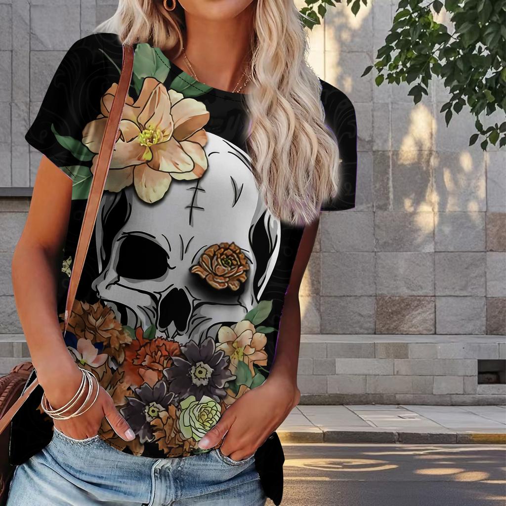 T-shirt Estiva da Donna Stampa Teschio di Rosa Moda Retrò Maniche Corte Magliette Casual Stampate Top