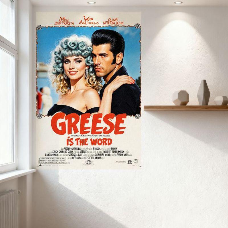 Grease Is the Word Filmplansch Metalplåtsskylt - John Travolta Olivia Newton-John Retro 50-tals 60-tals Estetisk Väggdekor för Bar Café