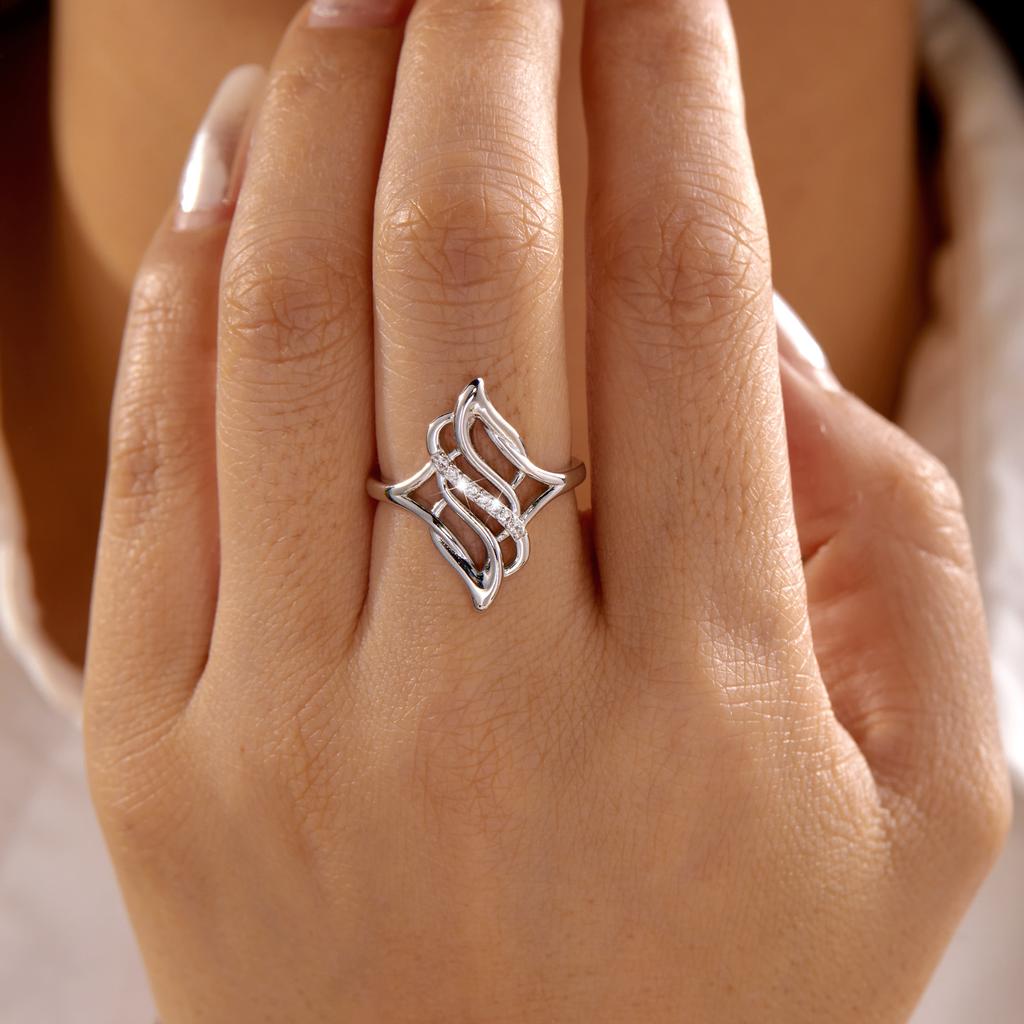 Elegant Sweeping Curve Ring for Women Brass Zircon Openwork Shield Long Finger Cocktail Sophisticated Prom Jewelry