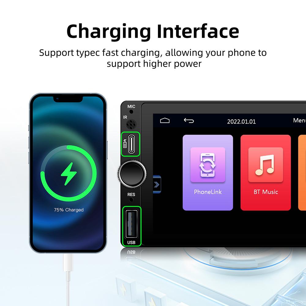 1DIN 6.86inch Universal MP5 Car Radio Support Wireless Carplay Android AUTO AUX USB  BT Touch Screen Multimedia Video Player