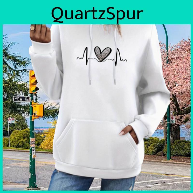 Loose Print Love Electrocardiogram Womens Hoodie Tops Blouse Sweatshirt Casual Long Sleeve Pullover Tops