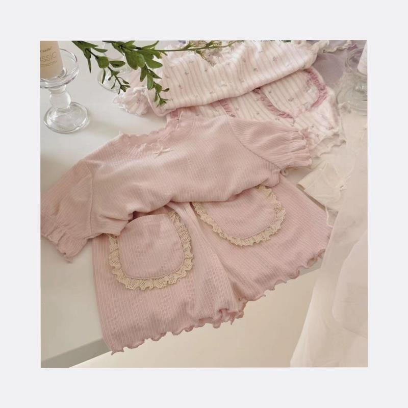 Summer Girls Pajama Set 2 Piece Cute Sweet Lace Trim Sleepwear For Toddler Kids Soft Comfortable Home Lounge Outfit 90cm