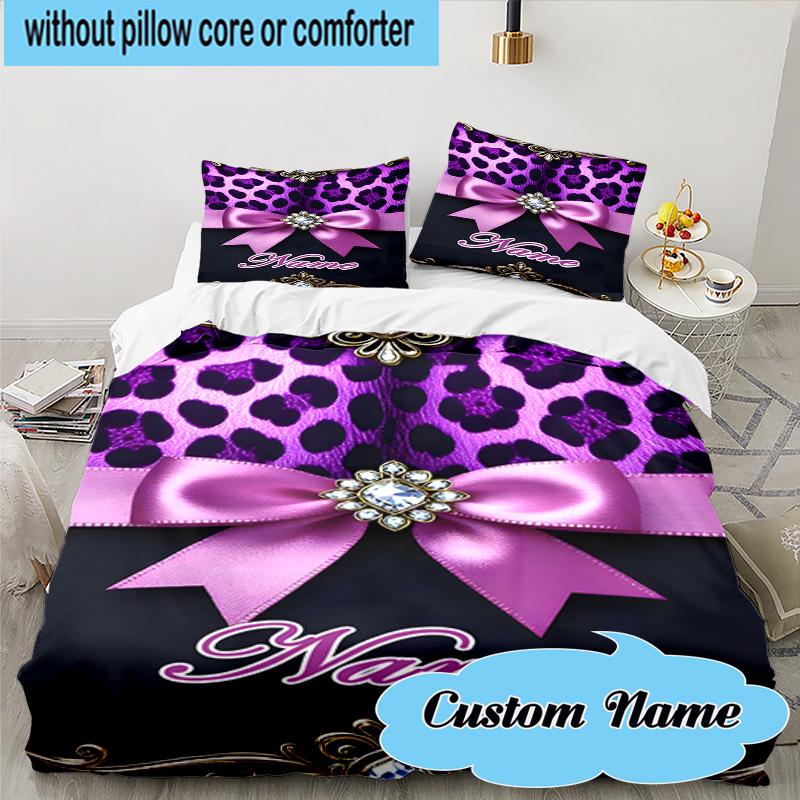 Custom Name 3PCS Leopard Print Bow Bedding Set, Including 1pc Duvet Cover And 2pcs Pillowcases, Suitable for Dorms and Bedrooms Gift
