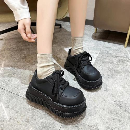 

Черные кожаные туфли на массивной платформе для женщин 2025 Осень Балетки Женские Толстая подошва Шнуровка Лолита Обувь Женские Балетки 40 чёрный