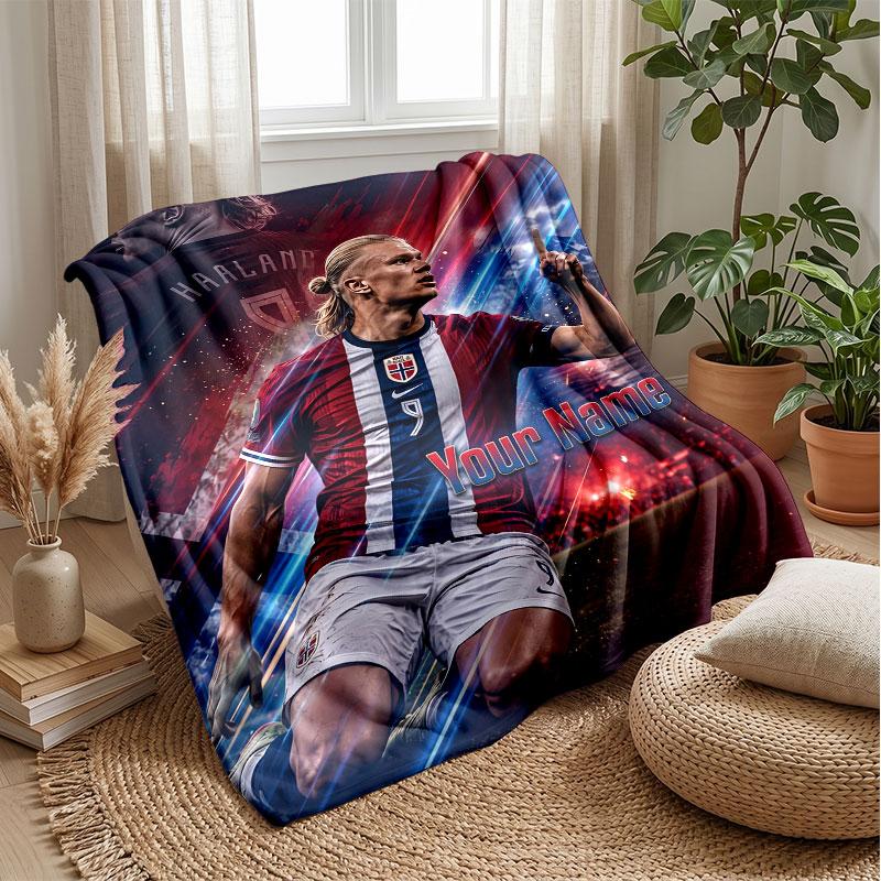 Erling Haaland Custom Name Text Flannel Blanket Soccer Logo Personalized Fleece Throw Blanket Special Gift For Sofa Bedroom Home