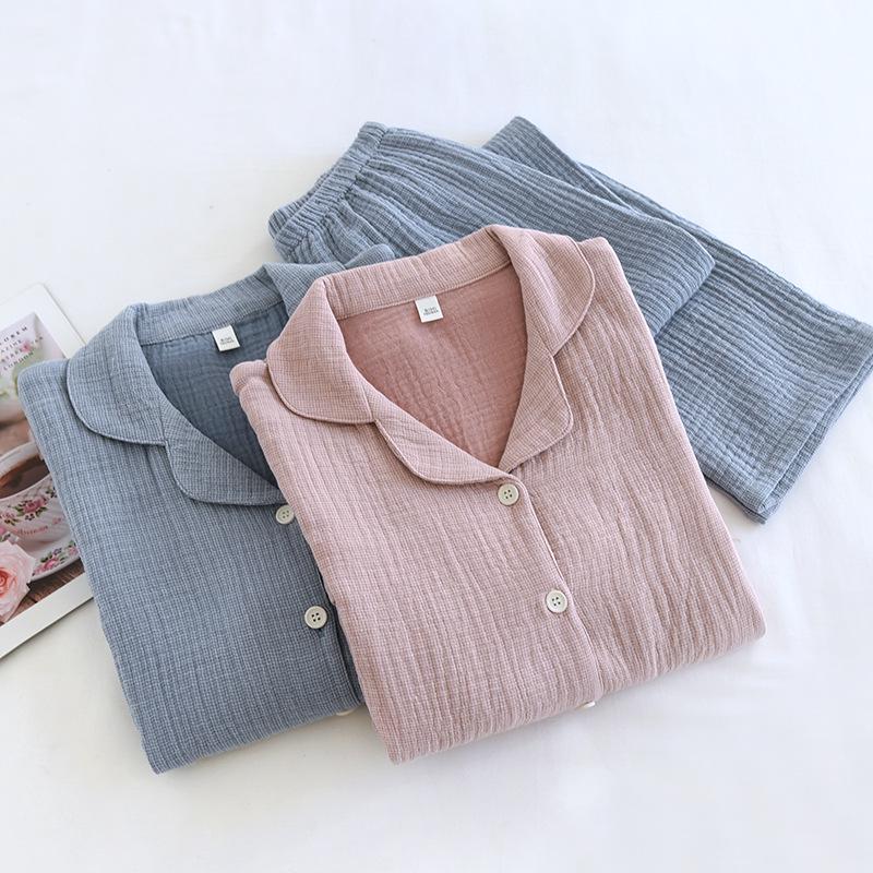Set pigiama primaverile per coppia: Spesso Plaid in Puro Cotone, Manica Lunga da Donna e da Uomo, Vestibilità Ampia