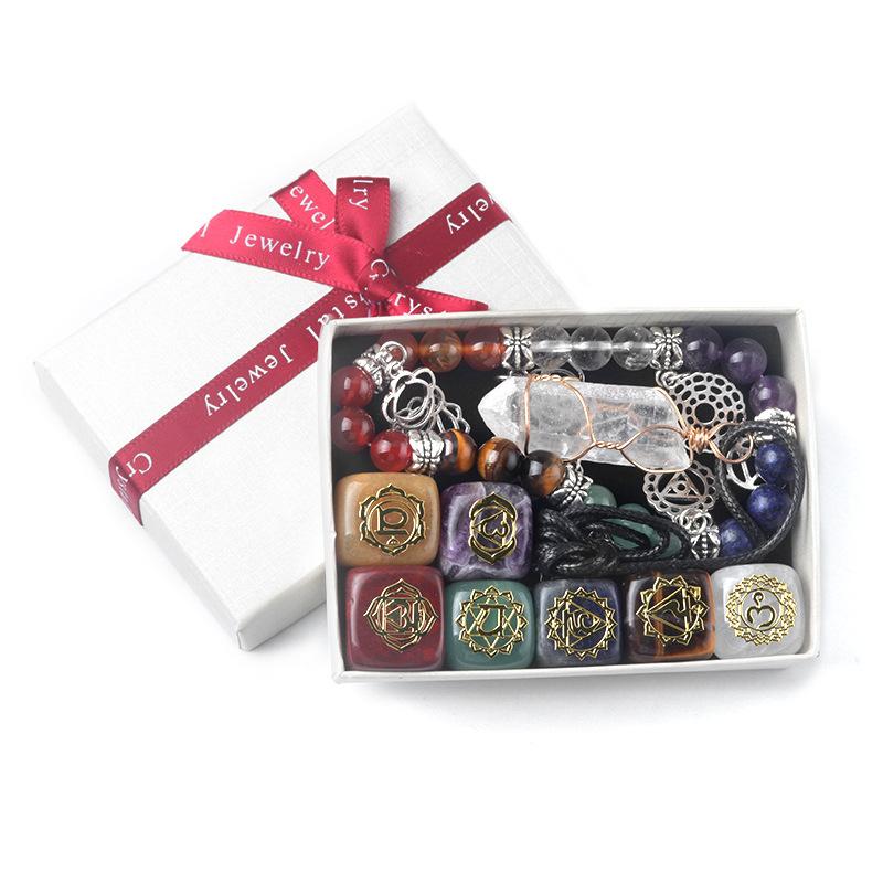 7 Chakra Crystal Gift Box Set Chakra Symbol Square Stones Chakra Bracelets Wire Wrapped Quartz Pendant Necklace Kit