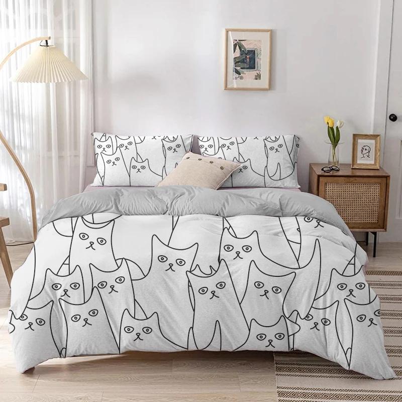 Cartoon Cat Duvet Cover Set Cartoon Animal Print Bedding Set With Pillowcase 2/3Pcs Comforter Cover For Bedroom Decor