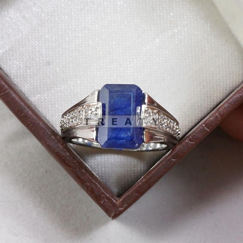 Blue Sapphire Emerald Cut Gemstone With 925 Sterling Silver Ring For Men's #B735 JL375692813193