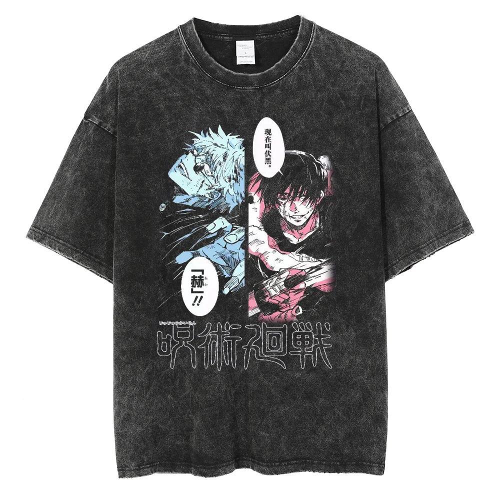 Anime Jujutsu Kaisen Gojo Satoru Fushiguro Toji Print Tee Men Washed Cotton Tshirts Casual Manga T Shirt Harajuku Male T-shirt