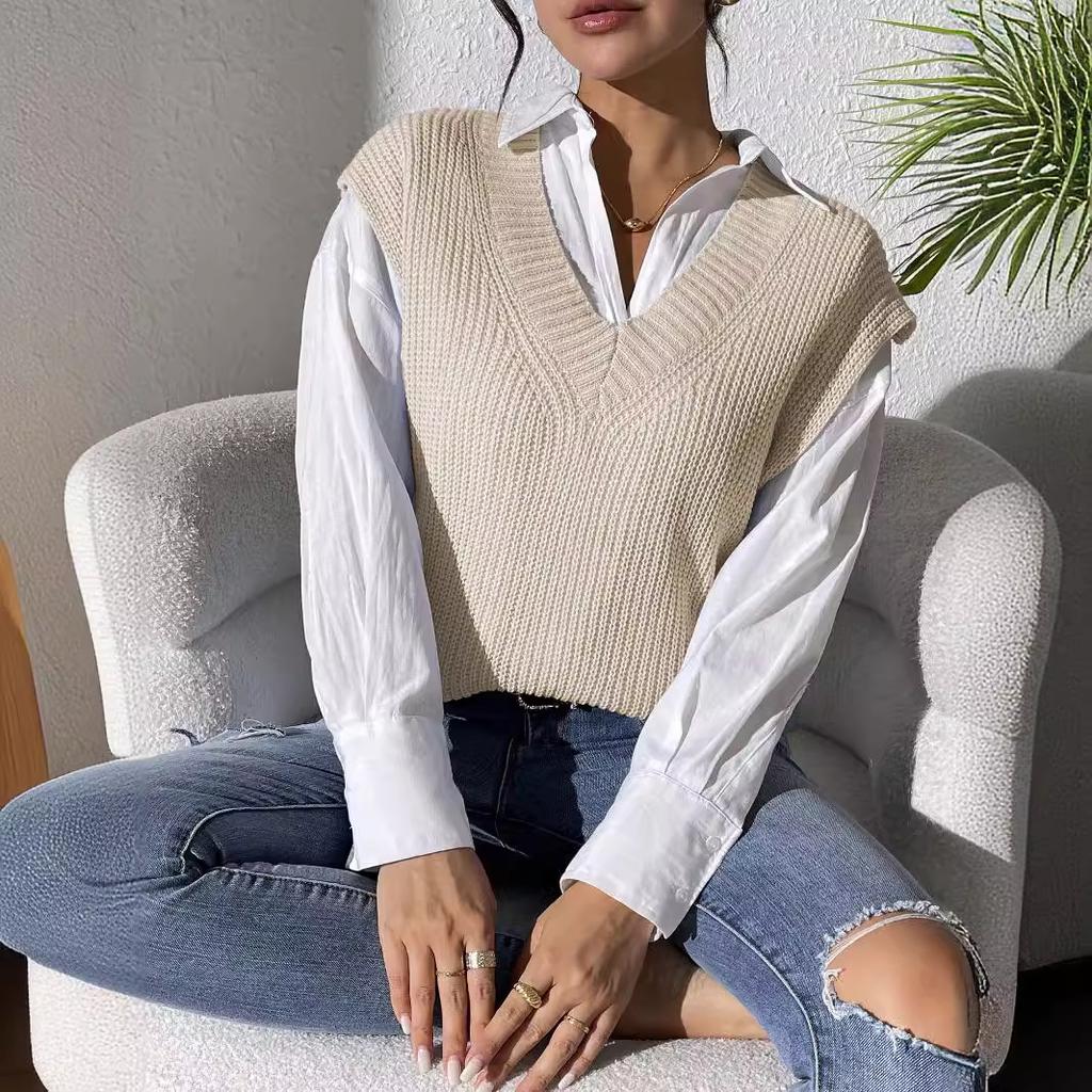 College Women's Vest European and American Women's Clothing Spring and Autumn New V-Neck Simple Vest Machine-woven Sweater Vest M677