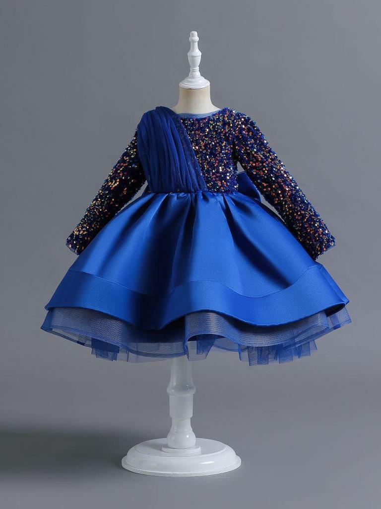 European & American Cross-Border Girls' Sequined Princess Long-Sleeve Evening Dress for Age 1