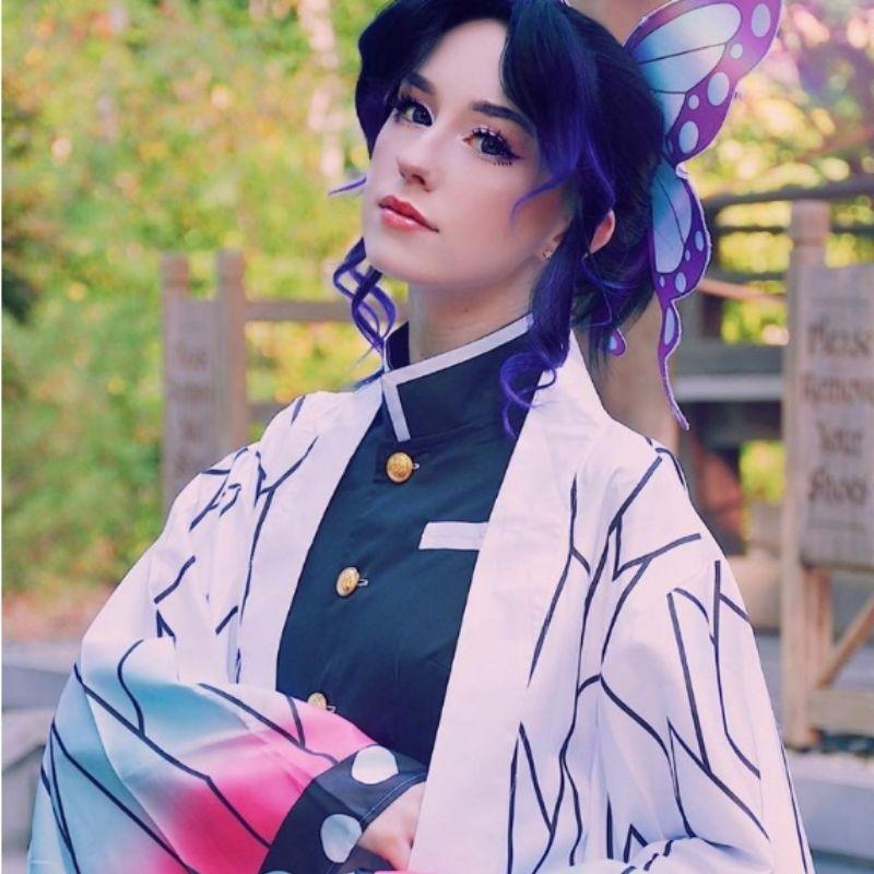 Anime Demon Slayer Kimetsu No Yaiba Kochou Shinobu Cosplay Kostýmní sada paruk Kimono Jednotné halloweenské anime kostýmy pro dospělé děti