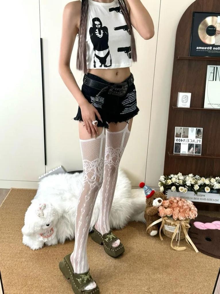 Sexy Women Garter Hollow Stockings Women Lace Jacquard Long Fishnet Stockings Stockings Flower Pantyhose Leggings Tights