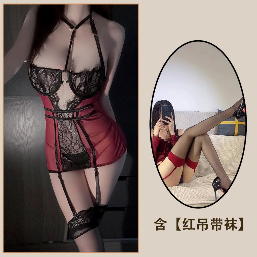 Sex Underwear, Thin Lace, Perspective Steel Ring, Fun One-piece Shapewear, Neck Tight, Hip-wrapped Women