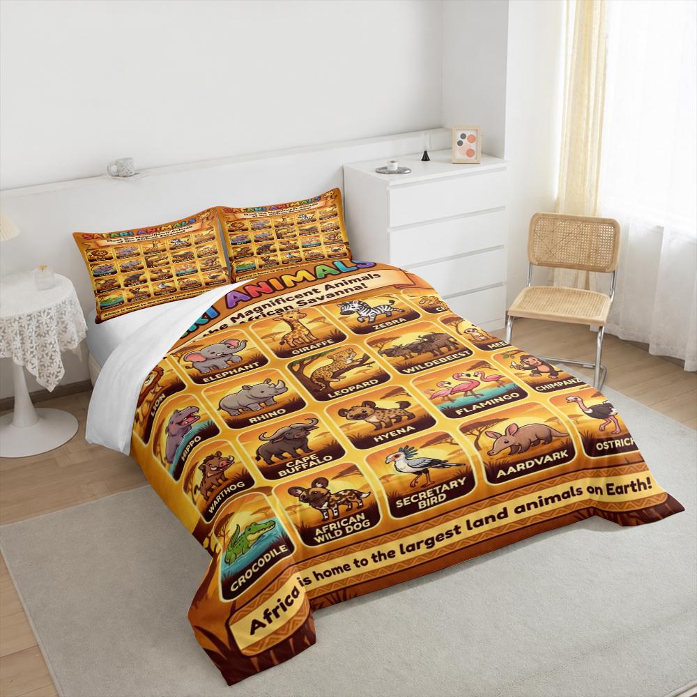 Safari Animals Educational Chart Bedding set (1 duvet cover, 2 pillowcases, duvet not included), African Savanna Wildlife Art Print