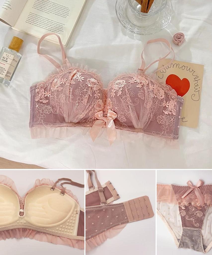 Lace Bra and Shorts Leads to 1 Cup Up Lace Bra and Top and Bottom Thick Pushes and Lifts Breasts from Bottom to Top and Keeps Them in Place [Skeqisy]