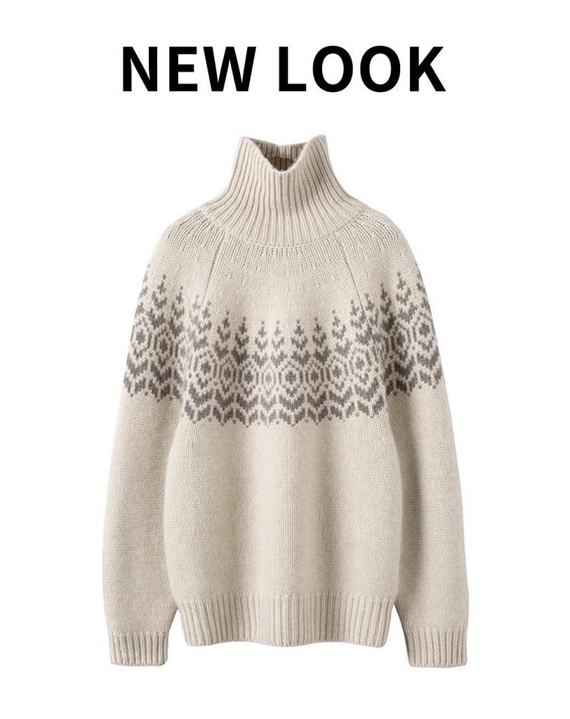 100% Wool Seven-Stitch High Neck Jacquard Women’s Sweater - Thick, Warm & Cold-Resistant Winter Base Layer
