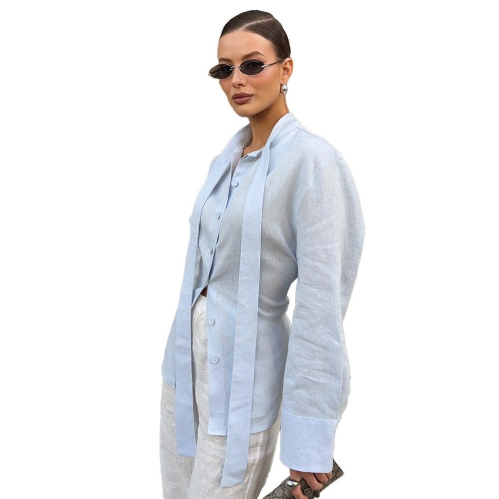 Women's  Fall New Pure Cotton Slim Tie Shirt, European & American Style Commuter Lace-Up Cardigan Top