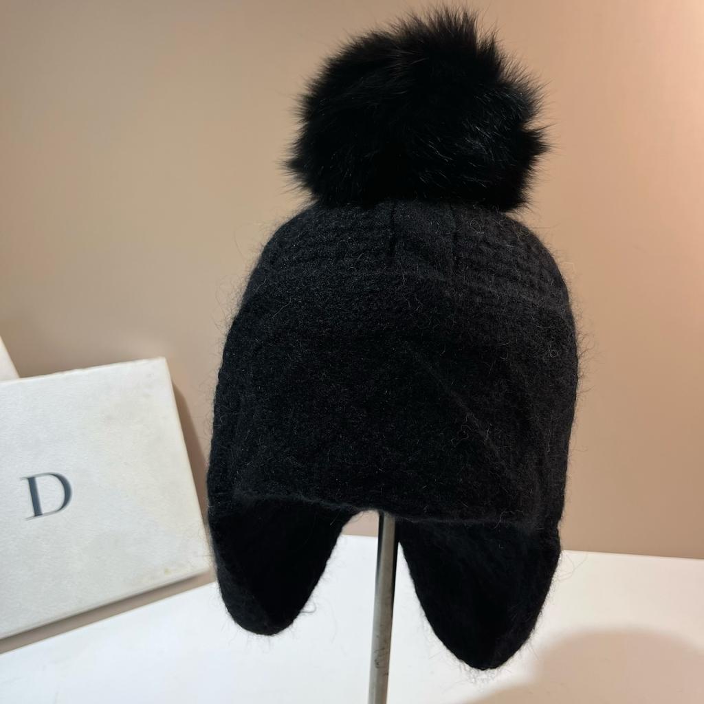Fox Hairball Knitted Hat Winter Rabbit Plush Wool Ear Protector Hat Russian Outdoor Warm Rhombus Baotou Hat