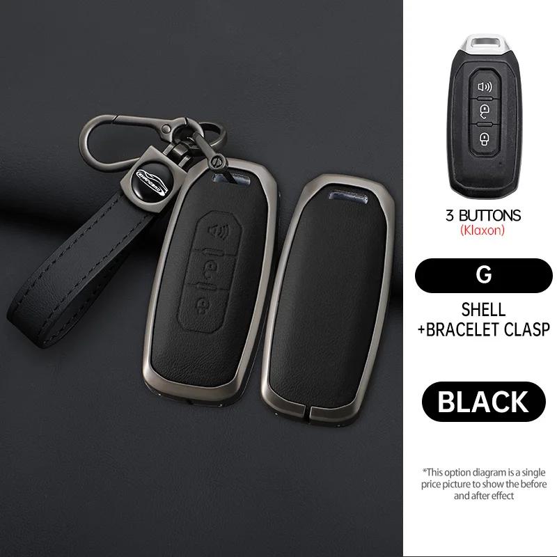 Interior Mouldings 3 Buttons Zinc Alloy Leather Car Key Case Cover Shell For Ford Territory 2019 - 2024 Protection Keychain Auto
