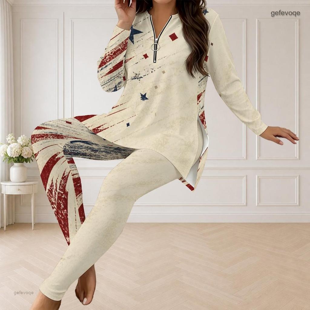 Women Plus Size Beige Star Printed Half Zip Long Sleeve Longline Top And Fitted Pants Two Piece Set