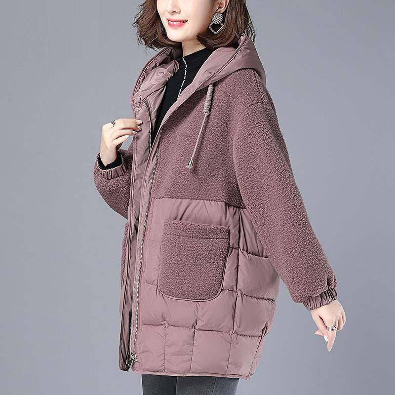 Cappotto invernale da donna alla moda, spesso e caldo, in cotone, con cappuccio, termico, di media lunghezza, in lana d'agnello