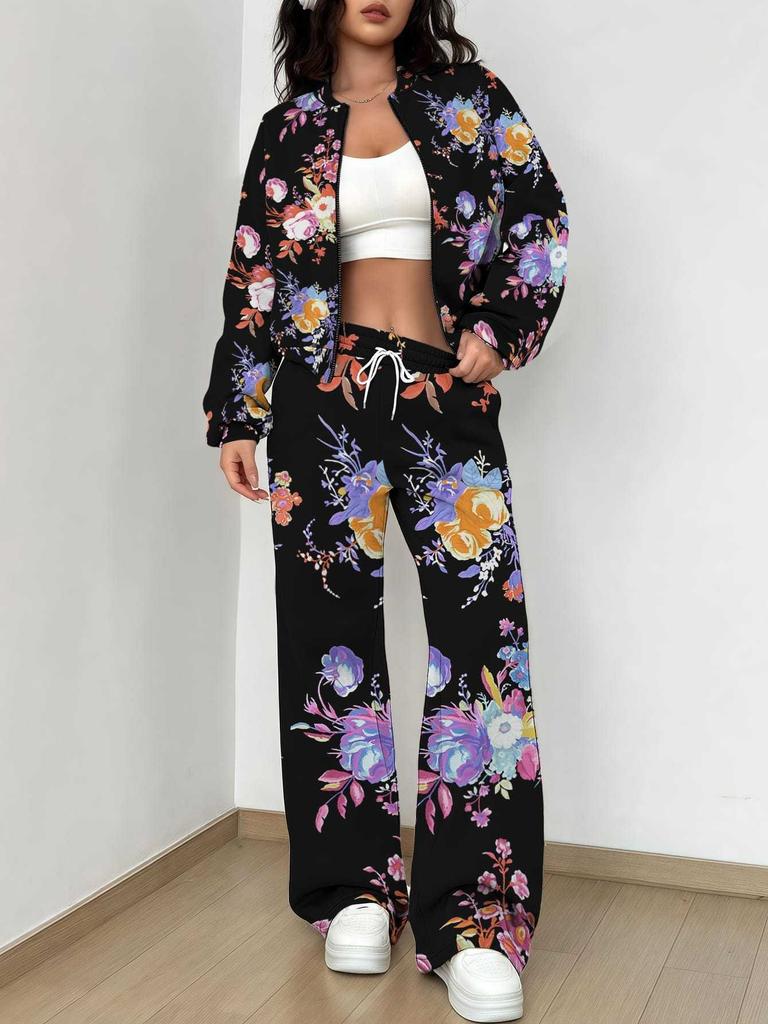 Black Retro Style Explosion Autumn and Winter New European and American Women's Clothing Flower Printing Suit Women
