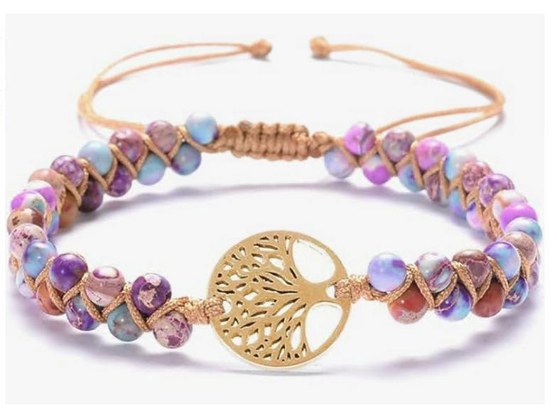Double-Layer Braided Bracelet with Tree Charm & African Turquoise Beads
