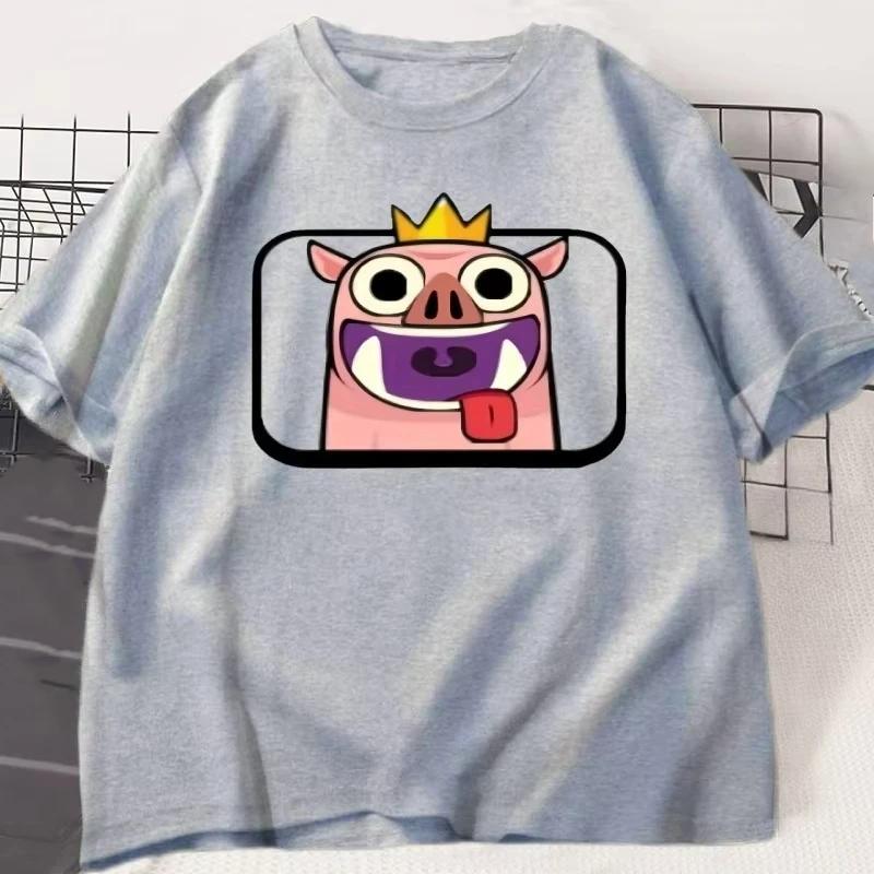 Hog with Crown Emote Clash Royale Graphic T Shirts Casual Round Neck Short Sleeve Tshirt Men Women Cute Breathable Clothes