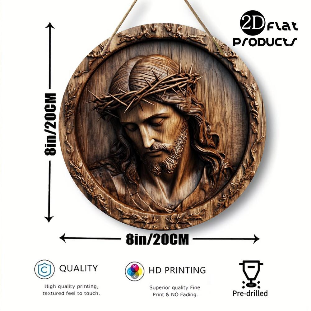 

Retro religious Jesus sign, flat 2D can be directly hung with rope, rustic round christ wooden sign mural, suitable for home