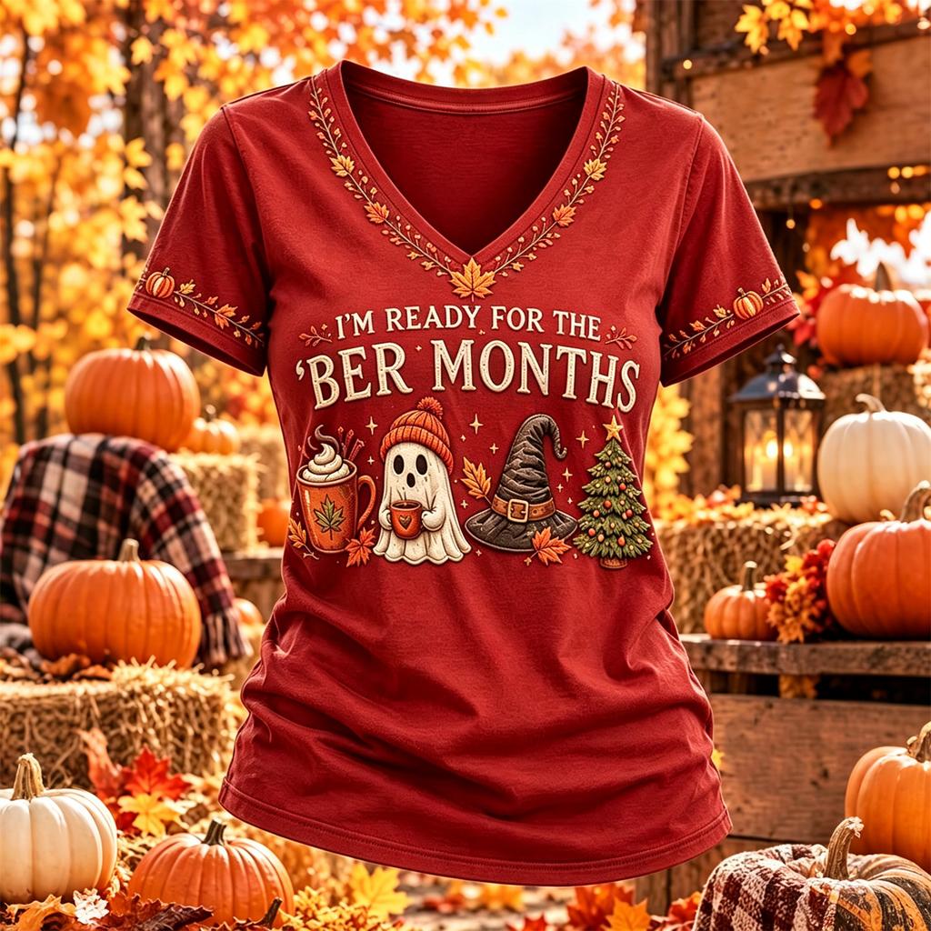Women's Thanksgiving Print Short Sleeve V-Neck Casual Pullover Top for Fall Holiday