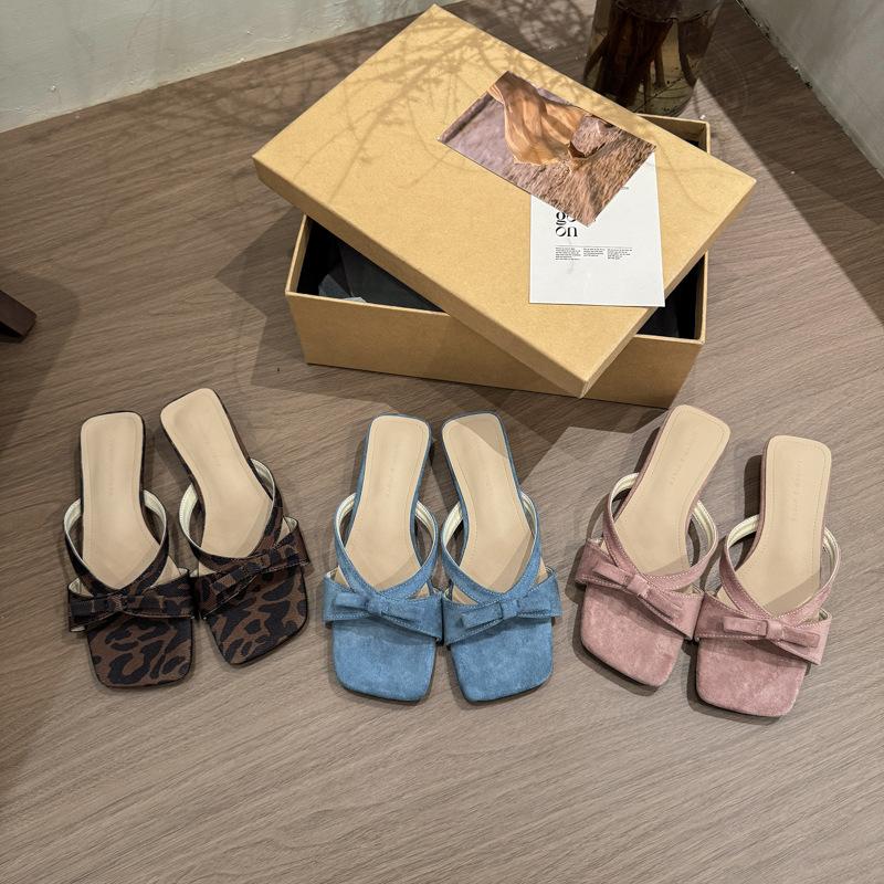 2025 new French bow square head low-heeled slippers women's summer pedal fashion versatile cool slippers