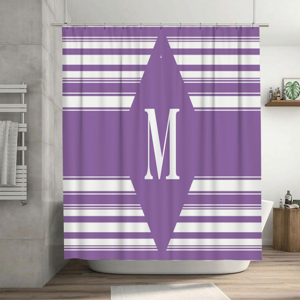 Modern Bath Shower Curtain with Stripes Personalization: Lavender M Purple White Bathroom Decor Monogram Initials Letter Print C