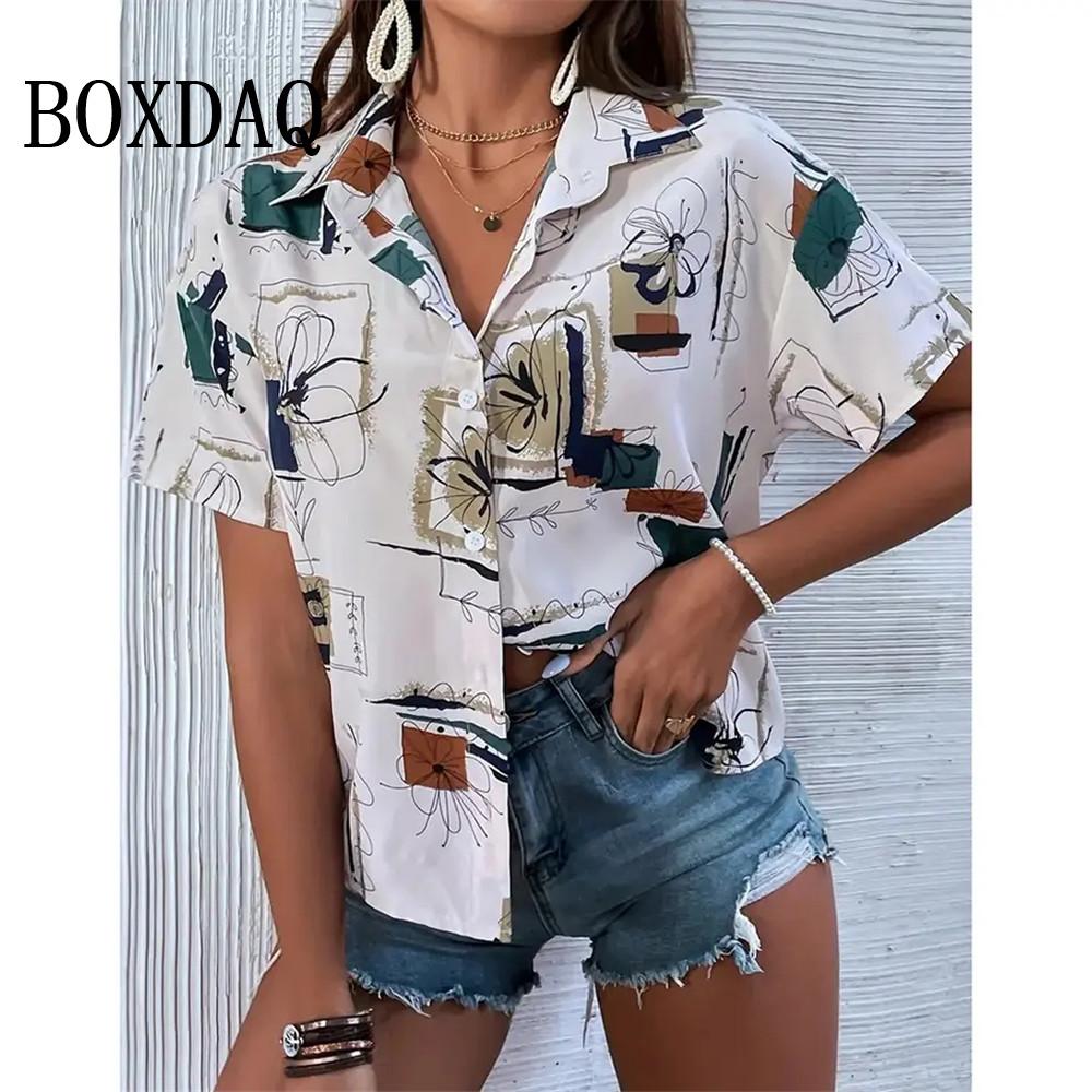Elegant Women's Blouses Red Maple Leaf Short Sleeve Lapel Shirts Casual Vintage Button Summer Beach Simple Fashion 3D Print Tops