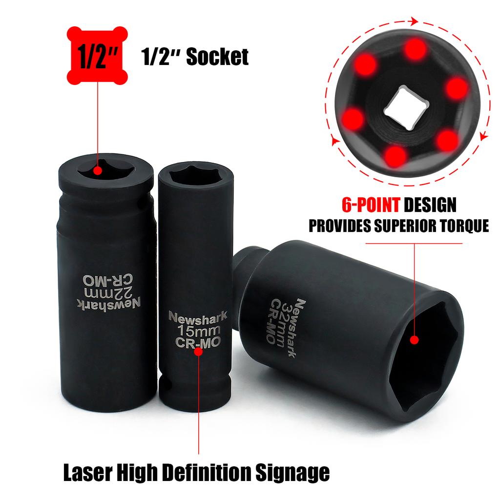 18pcs Socket Set, 1/2 Inch Drive Metric Deep Impact Impacted Sockets 6 Sided, 10mm-32mm