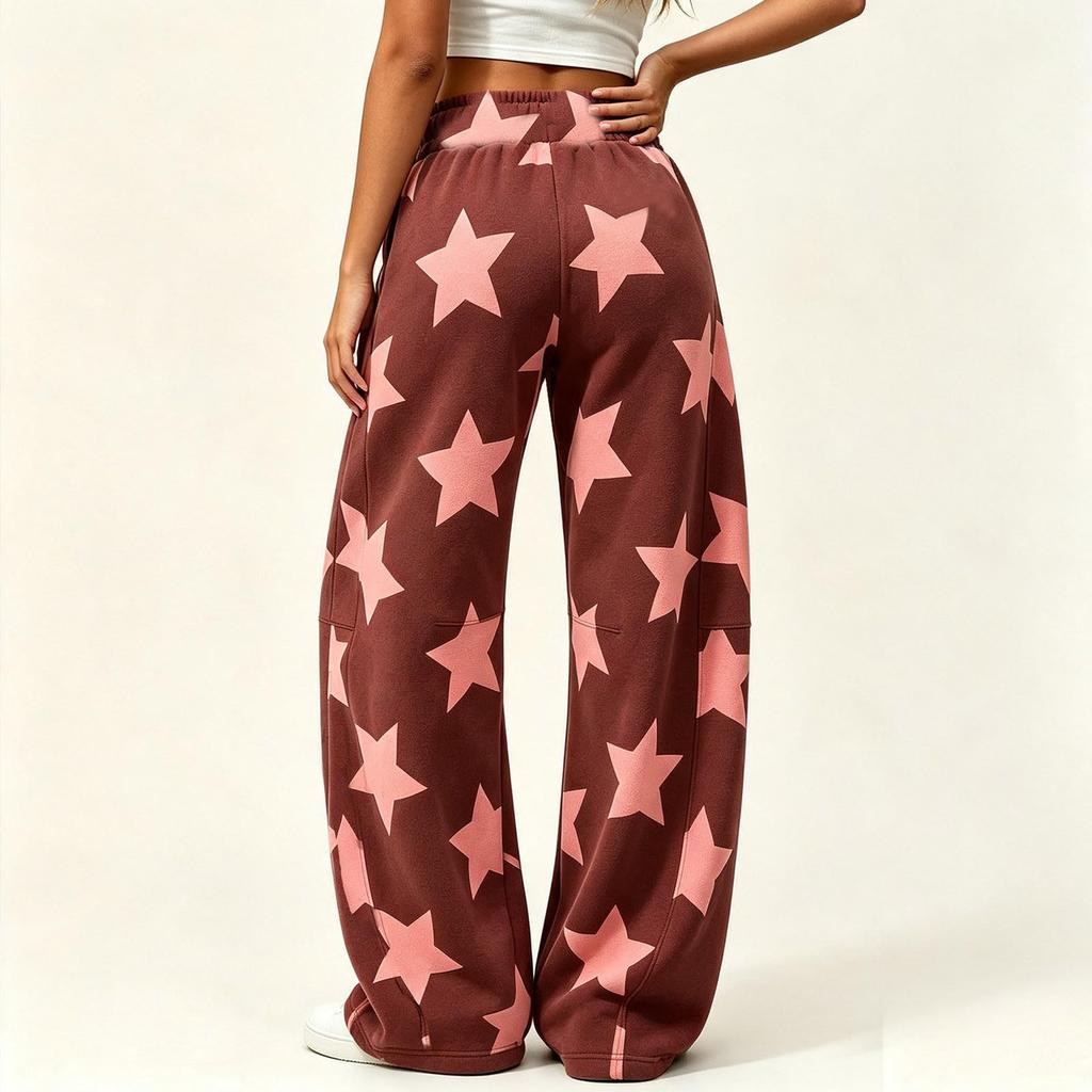 Women's Casual Loose Fit Star Print Curved Wide Leg Pants for Everyday Wear