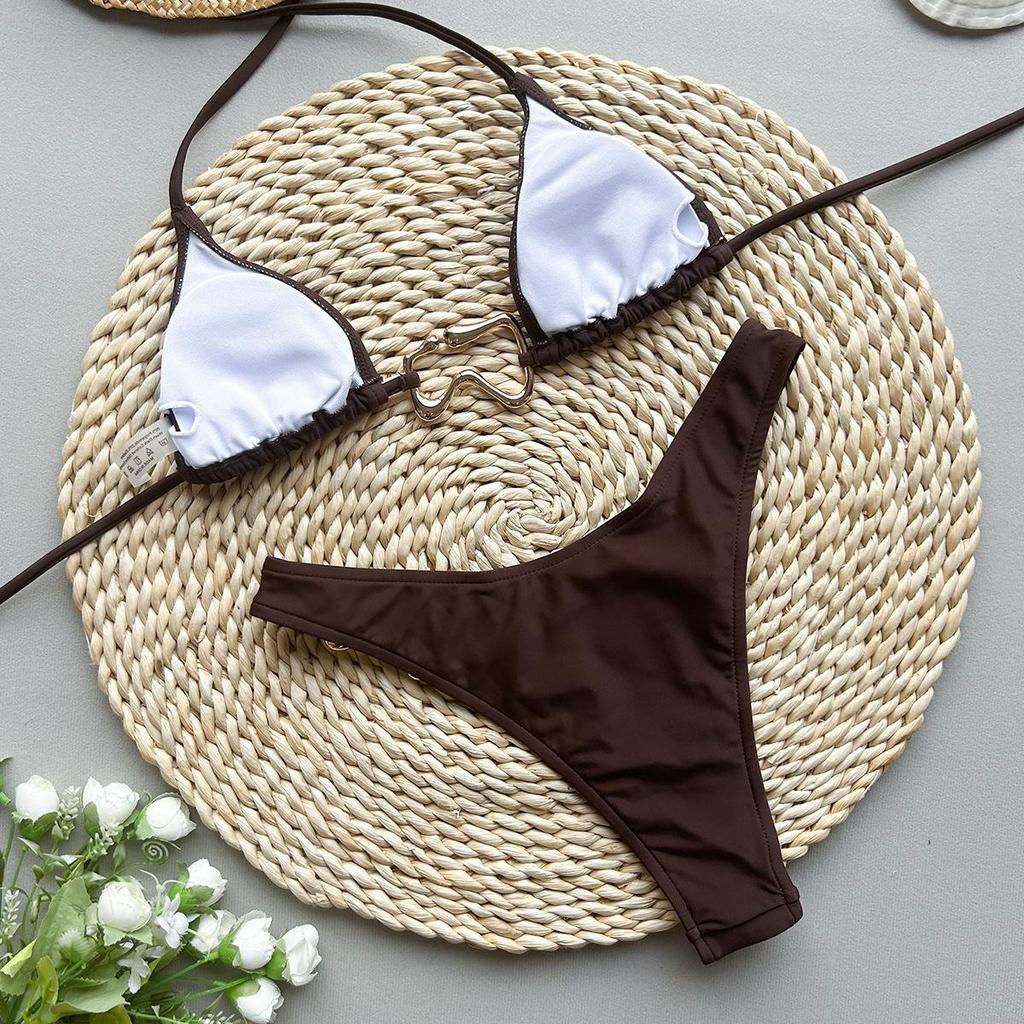 2025 Jednobarevná halter bikiny sada Lesklé plavky Dámské Lesklé plavky Bandážové bikiny Mikro tanga Biquini Brazilské plážové oblečení