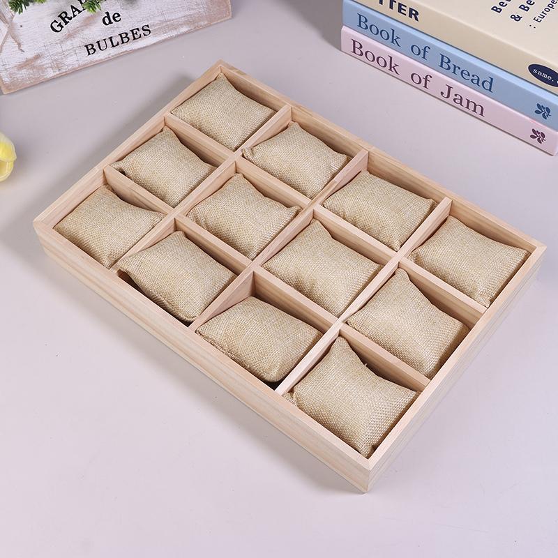 Drewniany 12-miejscowy organizer na zegarki, biżuterię i bransoletki z wyjmowanymi poduszkami flanelowymi