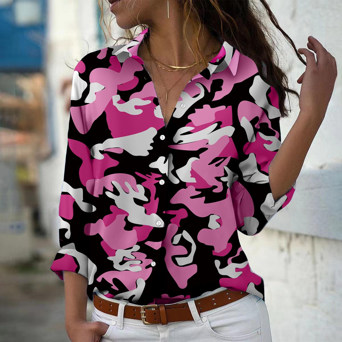 

Військово-зелена блузка з принтом смужки для жінок Весна Осінь Жіноча Офісна Леді Застібка на ґудзики Сорочки з відкладним коміром 5XL рожевий